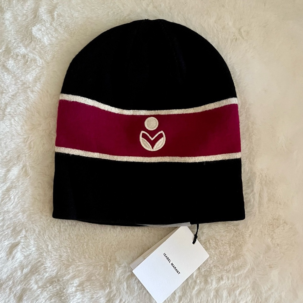 Isabel Marant Black Camden Cotton & Wool Ribbed Knit Beanie Hat w Logo NWT - Picture 7 of 13